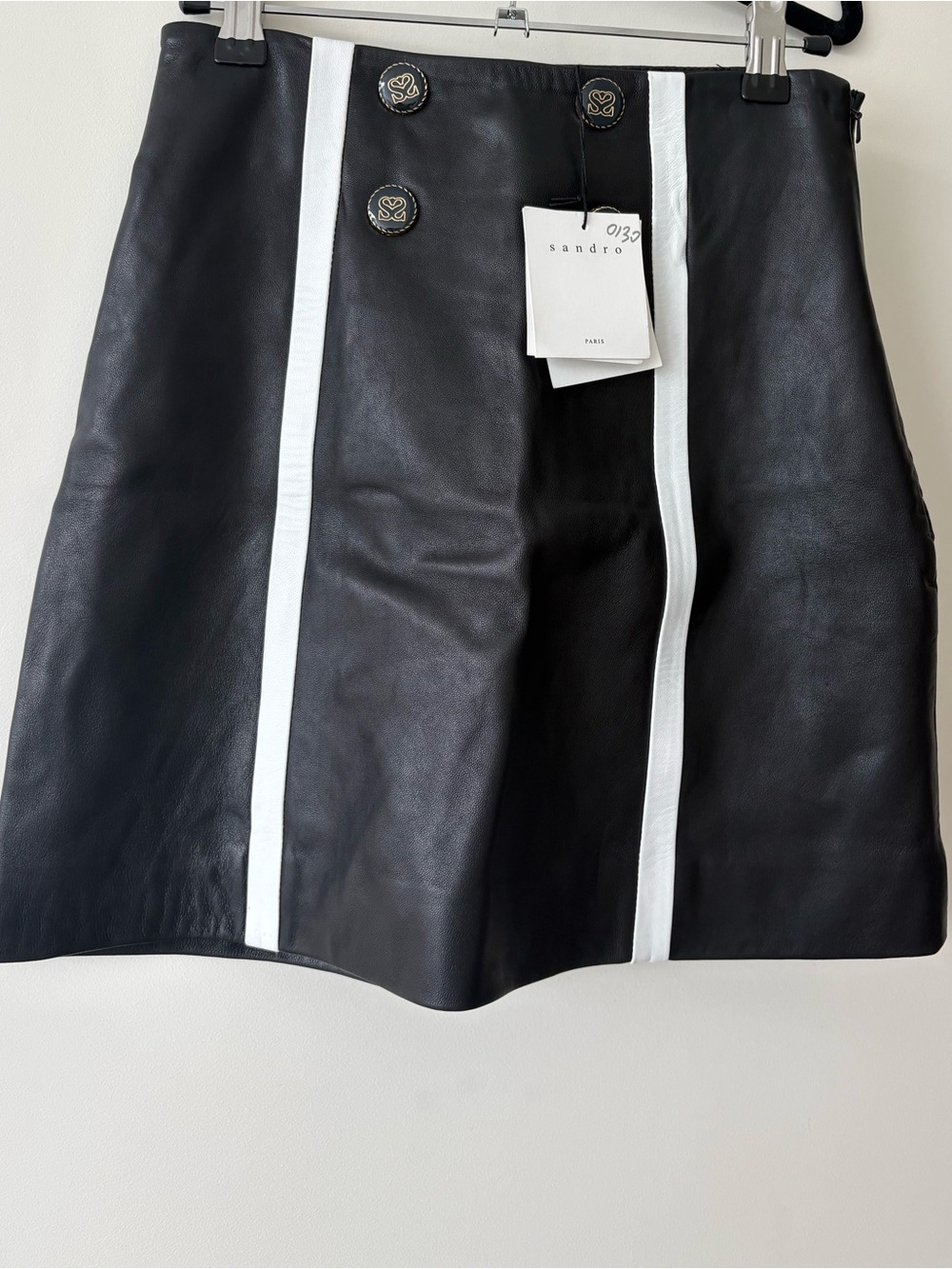 Sandro Black Leather Mini Skirt with White Vertical Stripes